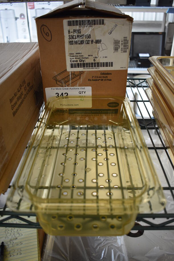 ALL ONE MONEY! Lot of 6 BRAND NEW IN BOX! Cambro Amber Colored Poly 1/3 Size Straining Drop In Bins. 1/3x3