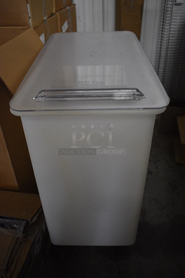 BRAND NEW IN BOX! SiLite White and Clear Poly Ingredient Bins on Commercial Casters. 15.5x29x29