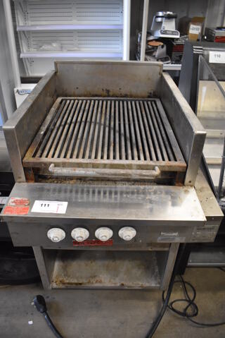 MagiKitch'n FSE 24 Stainless Steel Commercial Electric Powered Charbroiler Grill w/ Under Shelf on Commercial Casters. 208 Volts, 3 Phase. 27x34x43