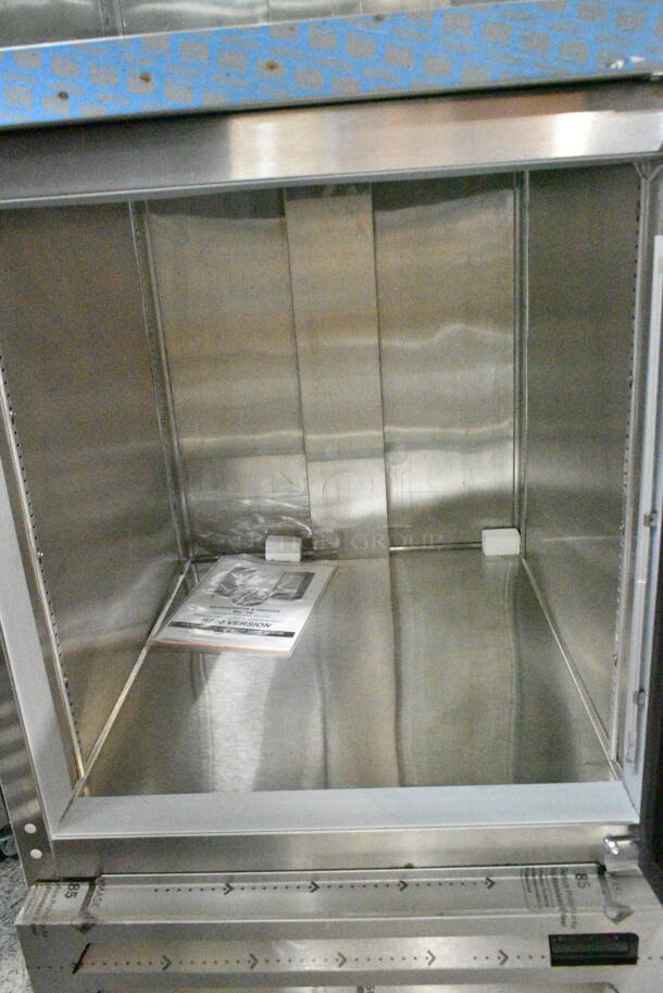 BRAND NEW SCRATCH AND DENT! Beverage Air HBR23HC-1-HG-003 Stainless Steel Commercial 2 Half Size Door Reach In Cooler Merchandiser on Commercial Casters. 115 Volts, 1 Phase. Tested and Working! - Image 5 of 8