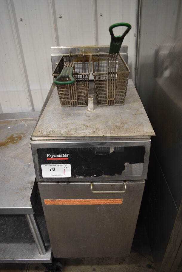 Frymaster Model GF14SD Stainless Steel Commercial Floor Style Natural Gas Powered Deep Fat Fryer w/ 2 Metal Fry Baskets and Lid. 100,000 BTU. 15.5x29x44.5