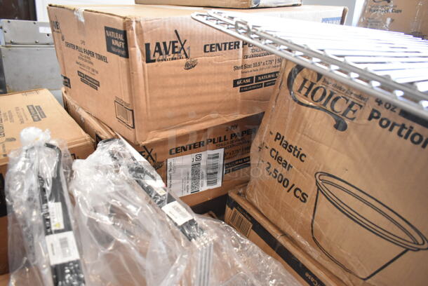PALLET LOT of 25 BRAND NEW Boxes Including 795KFTL32RPE Choice 16-32 oz. Round PET Take-Out Lid - 300/Case, Choice 4 oz Portion Cups, 500CC32P Choice Clear PET Plastic Cold Cup - 32 oz. - 500/Case, 612527HD Choice 7" Round Heavy Weight Foil Take-Out Pan - 500/Case, 500CC32T Choice 32 oz. Straight Wall Clear PET Plastic Cold Cup - 300/Case, 3 Box 5002CPTENAT Lavex 2-Ply Natural Kraft Center Pull Paper Towel 510' Roll - 6/Case. 25 Times Your Bid! - Image 7 of 9