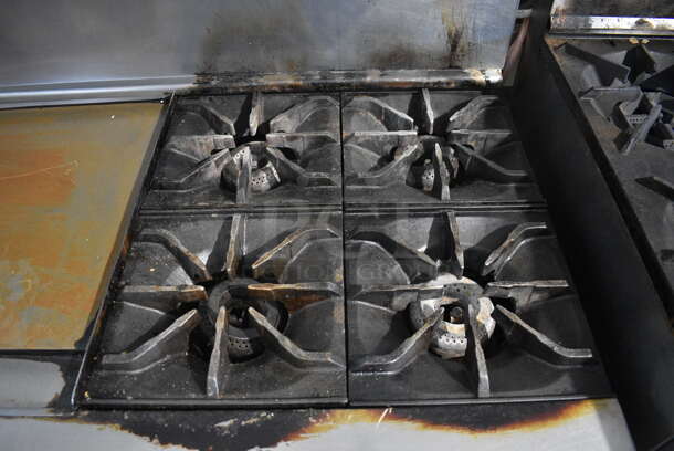 Imperial Stainless Steel Commercial Natural Gas Powered 4 Burner Range w/ Flat Top Griddle, 2 Ovens, Over Shelf and Back Splash. 60x32x55 - Image 4 of 7