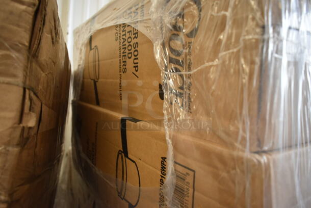PALLET LOT of 32 BRAND NEW Boxes Including 760SOUP16WPA Choice 16 oz. White Double Poly-Coated Paper Food Cup with Vented Paper Lid - 250/Case, 612FS1212 Choice Half Size Foil Steam Table Pan Shallow 1 1/2" Depth - 100/Case, 3 Box LKC16/24FX Fabri-Kal LKC16/24FX Kal-Clear / Nexclear 12 / 14, 16 / 18, 20, and 24 oz. Clear Plastic Flat Lid with Straw Slot - 1000/Case, 4 Box 395TO961 EcoChoice 9" x 6" x 3" Compostable Sugarcane / Bagasse 1 Compartment Take-Out Container - 200/Case, 2 Box Noble Medium Gloves, 2 Box Lavex C Fold Towels, Bakers Mark 10" Cake Circles, Various Choice Portion Cups, 4 Box 130TONG9HDBK Visions 9" Individually Wrapped Extra Heavy-Duty Black Disposable Polypropylene Tongs - 24/Case. 32 Times Your Bid!  - Image 2 of 12