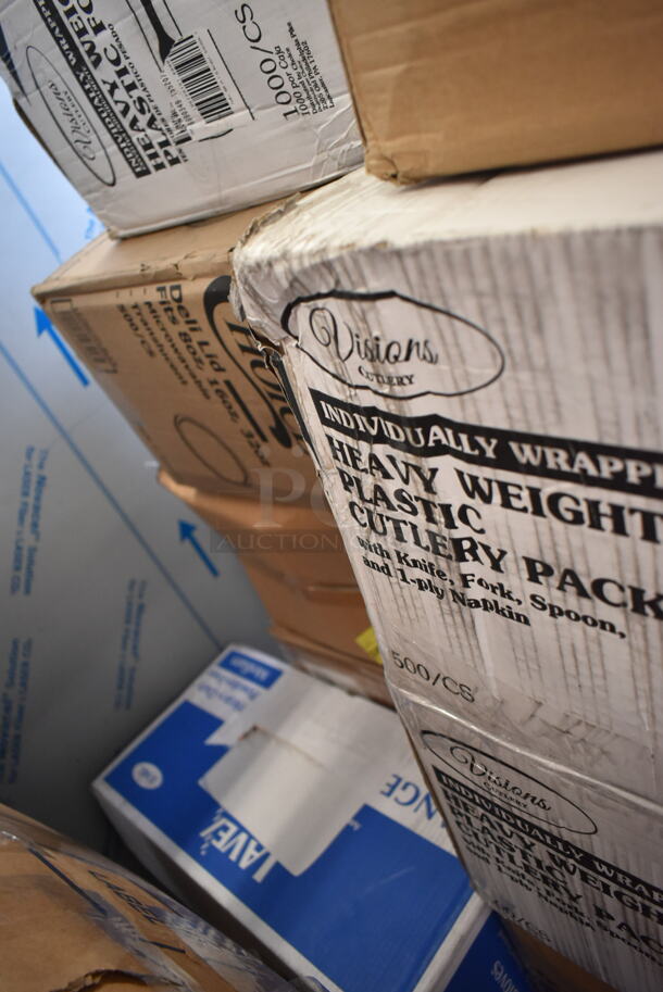 PALLET LOT of 31 BRAND NEW Boxes Including 612D3COMP Choice 8 1/2"x 6 3/8" 3-Compartment Oblong Foil Take-Out Container with Board Lid - 250/Case, 2 Box 130CLKFSNH Visions Individually Wrapped Clear Heavy Weight Cutlery Pack with Napkin - 500/Case, 4 Box 128HDLDBULK ChoiceHD Microwavable Translucent Plastic Deli Container Lid - 480/Case, 346MEDCUP1Z Choice 1 oz. Disposable Polypropylene Graduated Medicine Cup - 5000/Case, 423HLS85SS ServIt HLS85SS 8' Cut-to-Length Ceiling Mount Heat Lamp with Modern Stainless Steel Round Dome Shade, Choice Medicine Cups, 105GC49973 Choice 3 Part Tan and White Carbonless Guest Check with Beverage Lines and Bottom Guest Receipt - 2000/Case, 2 Box 500CC20 Choice Clear PET Customizable Plastic Cold Cup - 20 oz. - 600/Case, Henny Penny 12090 Prime 11" x 19" Filter Pad - 30/Case, 3 Box 433SLINER2BL Baker's Lane 12" x 16" Half Size Silicone Coated Parchment Paper Bun / Sheet Pan Liner Sheet - 1000/Case. 31 Times Your Bid! - Image 5 of 12