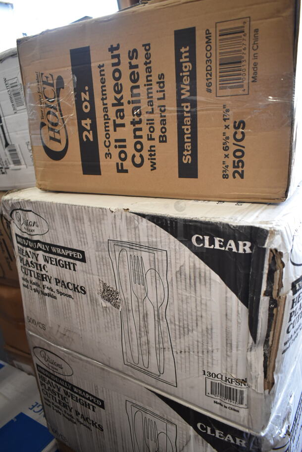 PALLET LOT of 31 BRAND NEW Boxes Including 612D3COMP Choice 8 1/2"x 6 3/8" 3-Compartment Oblong Foil Take-Out Container with Board Lid - 250/Case, 2 Box 130CLKFSNH Visions Individually Wrapped Clear Heavy Weight Cutlery Pack with Napkin - 500/Case, 4 Box 128HDLDBULK ChoiceHD Microwavable Translucent Plastic Deli Container Lid - 480/Case, 346MEDCUP1Z Choice 1 oz. Disposable Polypropylene Graduated Medicine Cup - 5000/Case, 423HLS85SS ServIt HLS85SS 8' Cut-to-Length Ceiling Mount Heat Lamp with Modern Stainless Steel Round Dome Shade, Choice Medicine Cups, 105GC49973 Choice 3 Part Tan and White Carbonless Guest Check with Beverage Lines and Bottom Guest Receipt - 2000/Case, 2 Box 500CC20 Choice Clear PET Customizable Plastic Cold Cup - 20 oz. - 600/Case, Henny Penny 12090 Prime 11" x 19" Filter Pad - 30/Case, 3 Box 433SLINER2BL Baker's Lane 12" x 16" Half Size Silicone Coated Parchment Paper Bun / Sheet Pan Liner Sheet - 1000/Case. 31 Times Your Bid! - Image 6 of 12