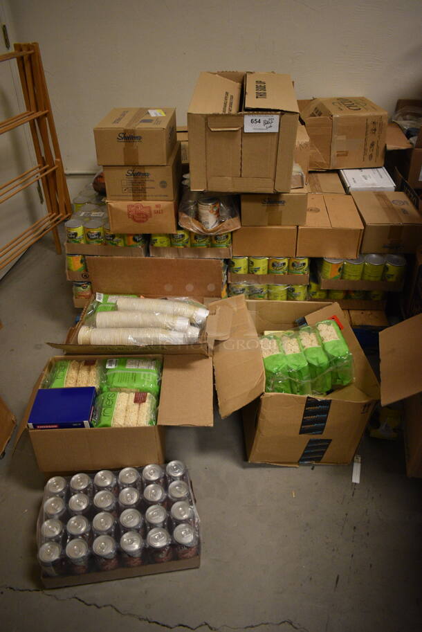 ALL ONE MONEY! Pallet Lot of Food Including Rice Rolls, Diet Chocolate Fudge Drink, Sardines, Crown Price Pink Salmon, Classic Fudge, Sheltons Chicken Broth, Organic Vegetables, Vegetable Broth, and Chocolate Dip - Image 1 of 12