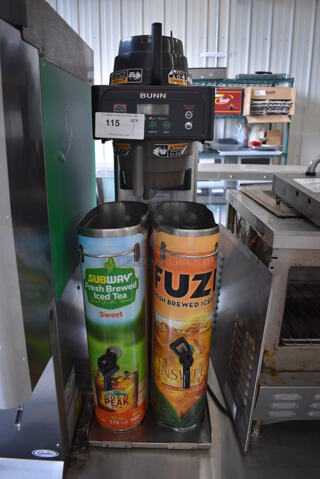 Bunn Model ITCB-DV Stainless Steel Commercial Countertop Iced Tea Machine w/ 2 Beverage Holder Dispensers and 2 Poly Brew Baskets. 120 Volts, 1 Phase. 12.5x24x34.5