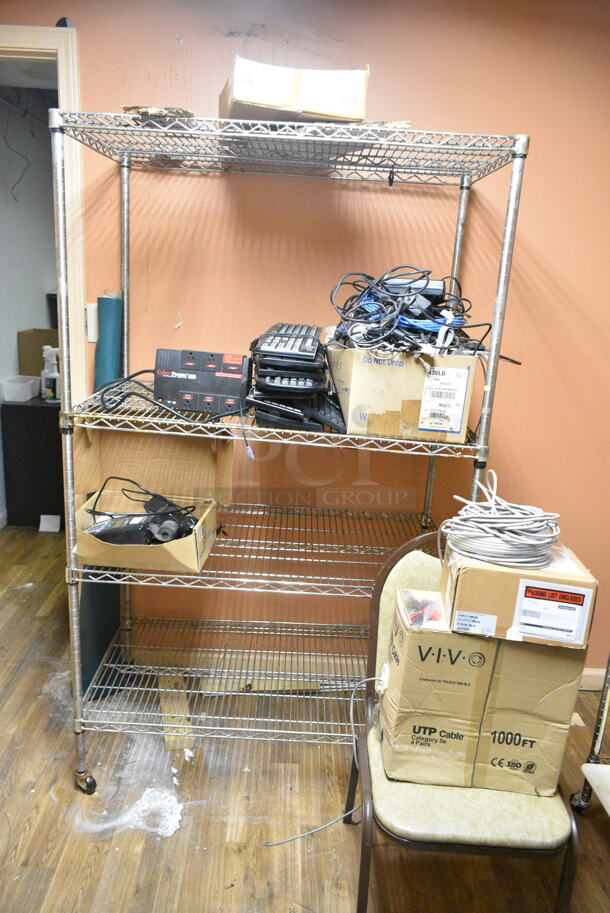 ALL ONE MONEY! Room Lot of Various Items Including Chrome Finish Wire Shelves, Computer Monitors and Chair. BUYER MUST REMOVE: Bring Tools and Manpower Needed To Remove This Item. (basement)  - Image 4 of 4