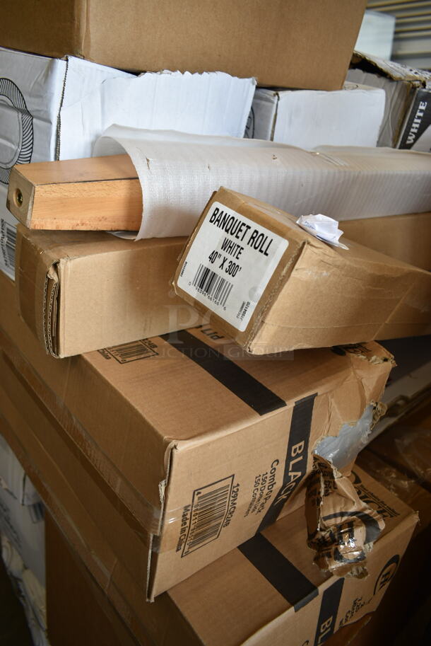 PALLET LOT of 34 BRAND NEW Boxes Including 2 Box 129MCR24B Choice 24 oz. Black Round Microwavable Heavy Weight Container with Lid 7 1/4" - 150/Case, Banquet Roll 40'x300', 3 Box 347RPBD10WHS Visions 10" White Plastic Plate with Silver Bands - 120/Case, 500TSCOVER Lavex Half Fold Paper Toilet Seat Cover - 5000/Case, 394385L Noble Products White Powder-Free Disposable Latex Gloves for Foodservice - Large - 1000/Case, 395TO991 EcoChoice 9" x 9" x 3" Compostable Sugarcane / Bagasse 1 Compartment Take-Out Box - 200/Case, Choice Foil Steam Table Pans. 34 Times Your Bid! - Image 3 of 12