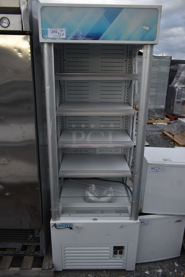 BRAND NEW SCRATCH AND DENT! 2021 Avantco 189WVAC28HC Metal Commercial Reach In Grab N Go Merchandiser w/ 4 Metal Shelves. See Pictures for Broken Glass Pane. 110-120 Volts, 1 Phase.