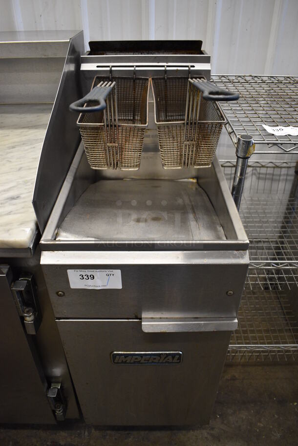 Imperial Stainless Steel Commercial Gas Powered Deep Fat Fryer w/ 2 Metal Fry Basket and Lid. 15.5x31x48