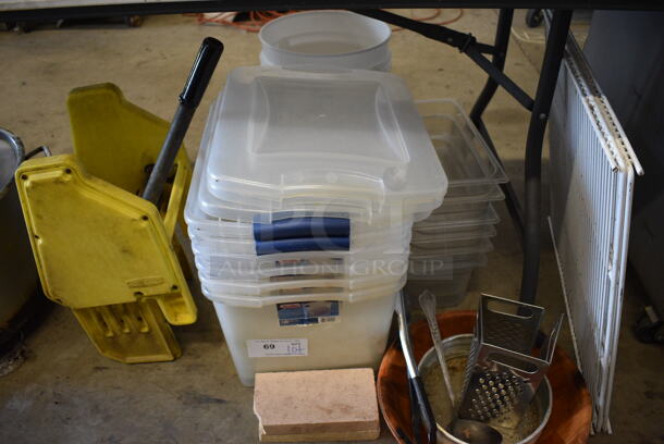 ALL ONE MONEY! Lot of Various Items Including Mop Bucket Wringing Attachment, Poly Bins and Lids. 