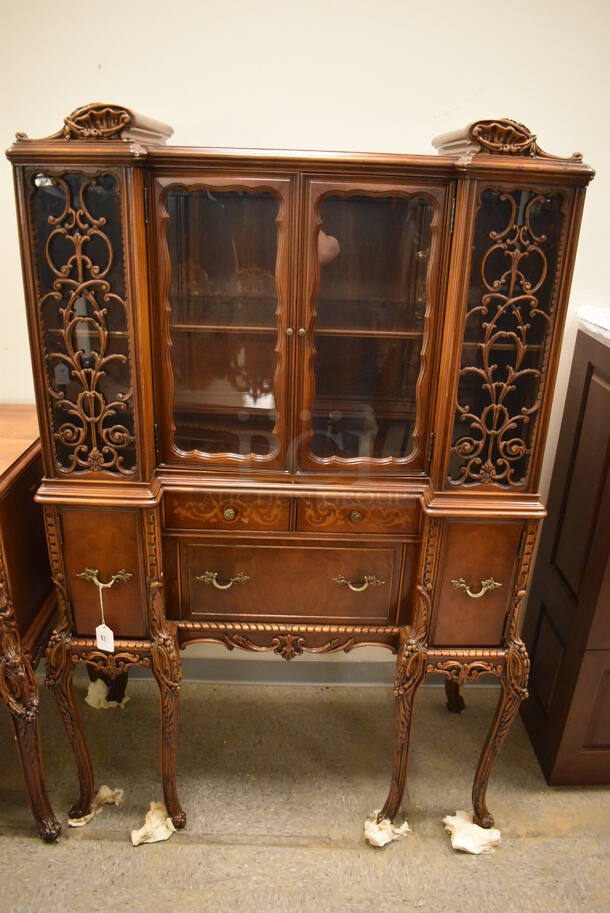 Ornate Hard Wood Victorian Style China Cabinet w/ 5 Drawers and 4 Cabinets.