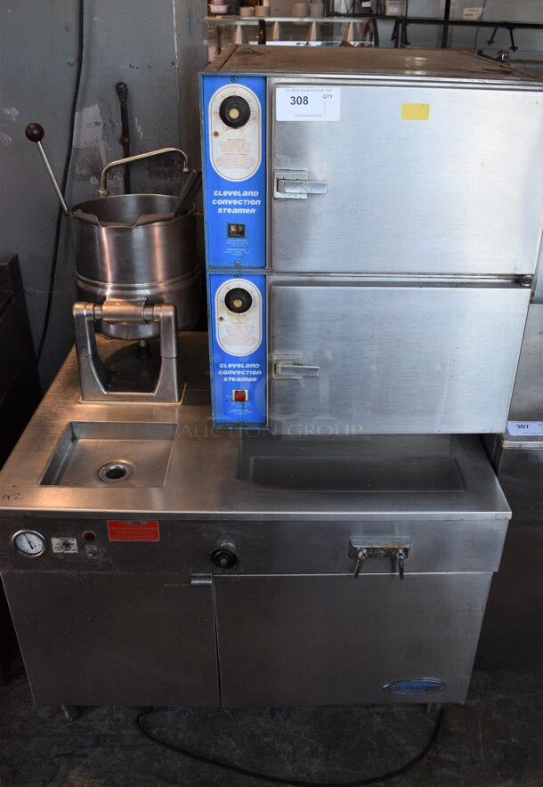 Cleveland Convection Stainless Steel Commercial Electric Powered Double Deck Steam Cabinet w/ Model TDC/2-20 Tilting Kettle. 208 Volts, 3 Phase. 42x35x62