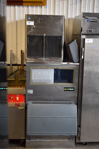 Hoshizaki F-1001MRH Stainless Steel Commercial Ice Head on Ice O Matic 6700-30 Stainless Steel Ice Bin. 30x38x78