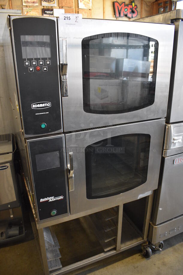 2 Belshaw Adamatic Mono FG189-UZ84 Stainless Steel Commercial Electric Powered Convection Ovens on Pan Rack w/ Commercial Casters. 208/220 Volts, 3 Phase. 32x44x61. 2 Times Your Bid!