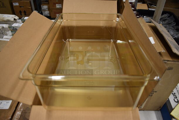 ALL ONE MONEY! Lot of 12 BRAND NEW IN BOX! Cambro Poly Amber Colored Full Size Drop In Bins. 1/1x6