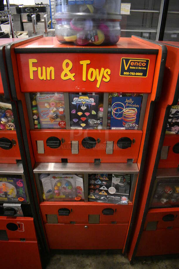 Red Floor Style 5 Compartment Toy Vending Machine w/ Ice Bucket of Extra Items. 22x23x27 - Image 1 of 5