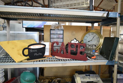 ALL ONE MONEY! Tier Lot of Various Items Including Clock, Shelf, Decor and Clear 6 Drawer Unit. 