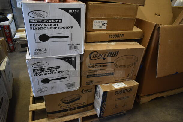 PALLET LOT of 30 BRAND NEW! Boxes Including 760IC16Y Choice 16 oz. Yellow Paper Frozen Yogurt / Soup / Food Cup - 1000/Case, 2 Box 433CARRIER4 Pulp Fiber 4 Cup Carrier - 300/Case, 4 Box 127CH16S Choice 16 oz. Clear RPET Shallow Hinged Deli Container - 200/Case, 500LFLAT Choice Clear Flat Lid with Straw Slot - 9, 12, 16, 20, and 24 oz. - 1000/Case, 129MCS28B Choice 28 oz. Black Rectangular Microwavable Heavy Weight Container with Lid 8 3/4" x 6 1/4" x 1 3/4" - 150/Case, Lavex Jumbo Toilet Paper, 2 Box 130HBKCUTSSW  Visions Individually Wrapped Black Heavy Weight Plastic Soup Spoon - 1000/Case, 600DBPR Regency 20" x 20" x 2 1/4" 18-Gauge Stainless Steel Scrap / Pre-Rinse Basket with Stainless Steel Slides, 4856237063FISH StrawFish 5 3/4" Black Unwrapped Jumbo Cocktail Straw - 5000/Case, 128HD16BULK ChoiceHD 16 oz. Microwavable Translucent Plastic Deli Container - 480/Case,  128HD32COMBO Choice 32 oz. microwavable translucent plastic deli, 129MCS28B Choice Black Rectangular Microwavable Heavy Weight Container. 30 Times Your Bid! - Image 8 of 9