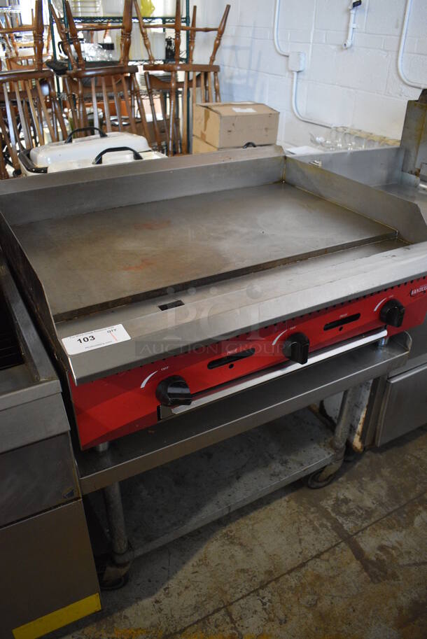 2021 Avantco CAG36MG Stainless Steel Commercial Countertop Natural Gas Powered Flat Top Griddle w/ Stainless Steel Commercial Equipment Stand on Commercial Casters. 36x30x18, 36x30x26 - Image 3 of 9