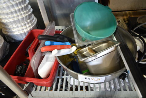 ALL ONE MONEY! Lot of Various Items Including Metal Bowls, Knives, Red Poly Bucket, Knockbox. 