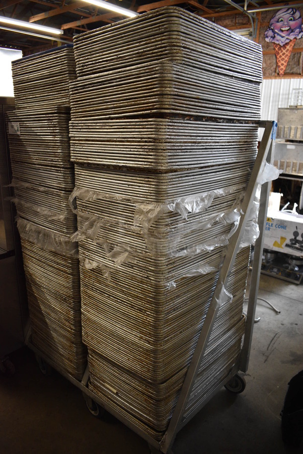 Metal Commercial Pan Transport Rack on Commercial Casters w/ 322 Metal Full Size Baking Pans. 41x27x55. 18x26x1 - Image 6 of 8
