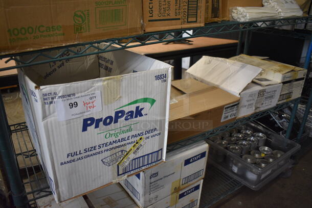 ALL ONE MONEY! Tier Lot of Various Paper Products Including ProPak Aluminum Pans, Newspaper Print Deli Wrap, Eco Food Trays, Westinghouse Lightbulbs