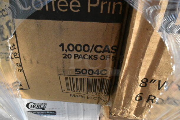 30 BRAND NEW Boxes Including 5004C Choice 4 oz. Coffee Print Poly Paper Hot Cup - 1000/Case, 346BKFSNSPM Choice Medium Weight Black Wrapped Plastic Cutlery Set with Napkin and Salt and Pepper Packets - 250/Case, 3 Box 130IC20DSP1M Choice 20 lb. Clear Plastic Drawstring Ice Bag with Ice Print - 250/Case, 2 Box 5001RT800B Lavex 8" White Hardwound Paper Towel, 800 Feet / Roll - 6/Case, 2 Box 500CC32PHD Choice Heavy Duty 32 oz. Pedestal Heavy Weight Clear PET Plastic Cold Cup - 500/Case, 795PTOKFTW4 Choice Kraft Folded Paper #4 Take-Out Container with Window 7 3/4" x 5 1/2" x 3 1/2" - 140/Case, 5001RT800N Lavex 8" Natural Kraft Hardwound Paper Towel, 800 Feet / Roll - 6/Case, 485STRAWUNN Choice 7 3/4" Jumbo Neon Unwrapped Soda Straw - 10000/Case. 30 Times Your Bid!  - Image 4 of 12