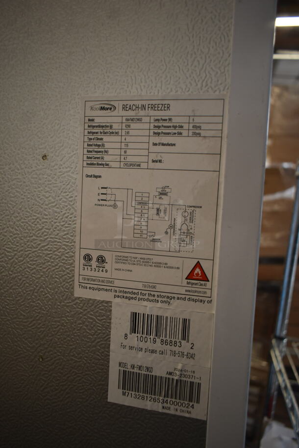 BRAND NEW SCRATCH AND DENT! KoolMore KM-FMD12WGD Metal Commercial Single Door Reach In Freezer Merchandiser w/ Poly Coated Racks. 115 Volts, 1 Phase. Tested and Working! - Image 7 of 7