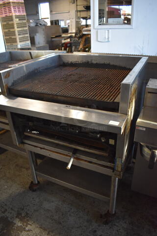Stainless Steel Commercial Natural Gas Powered Charbroiler Grill on Equipment Stand w/ Commercial Casters. 30x32x42