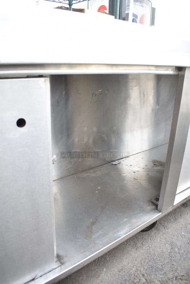 WinHolt Stainless Steel Counter w/ Back Splash, Under Shelf and Doors on Commercial Casters.  - Image 4 of 7