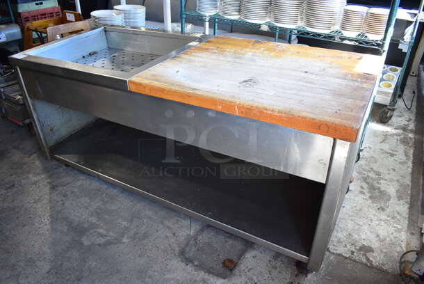 Stainless Steel Commercial Table w/ Well, Butcher Block Countertop and Under Shelf. 72x30.5x35