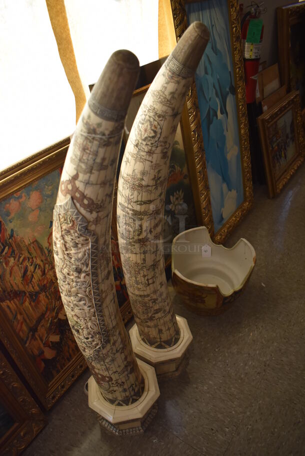 2 Carved Bone Elephant Tusk Shaped Statues. 2 Times Your Bid! - Image 7 of 10
