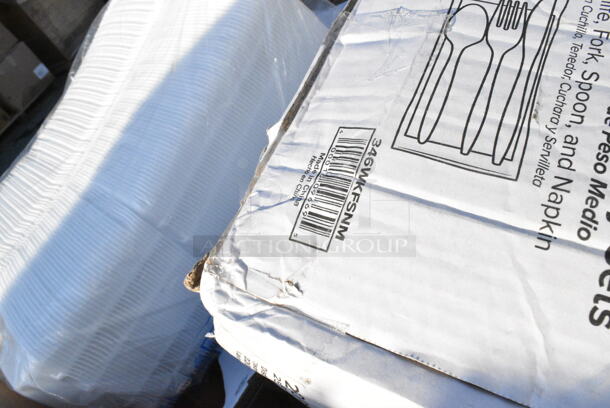 20 BRAND NEW Boxes Including 346WKFSNM Choice Medium Weight White Wrapped Plastic Cutlery Set with Napkin - 250/Case, 245CB10WHITE Choice White Customizable Corrugated Plain Pizza Box, 130GHWPLAKNF EcoChoice Heavy Weight 6 1/2" Green CPLA Plastic Knife - 1000/Case, Dart 90HTPF3VR 9" x 9" x 3" White Foam Square Vented 3 Compartment Take Out Container with Perforated Hinged Lid. 20 Times Your Bid!  - Image 4 of 12