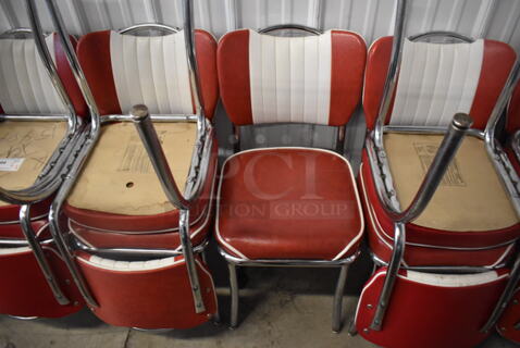 4 RETRO White and Red Dining Chairs on Metal Legs. 16x18x32. 4 Times Your Bid!