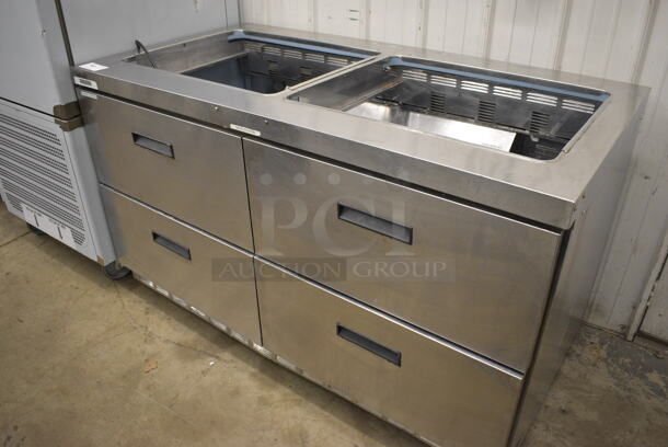 2012 Delfield Model D4460N-24M Stainless Steel Commercial Prep Table w/ 4 Drawers on Commercial Casters. 115 Volts, 1 Phase. 60x32x36. Tested and Working!