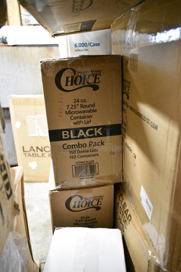PALLET LOT of 30 BRAND NEW Boxes Including 4 Box 347RPBD6WHGD Visions 6" White Plastic Plate with Gold Bands - 150/Case, 2 Box 129MCR24B Choice 24 oz. Black Round Microwavable Heavy Weight Container with Lid 7 1/4" - 150/Case, Carnival King 32 oz Popcorn Cups, 130HFWH1M Visions White Heavy Weight Plastic Fork - Case of 1000, 129MCR24B Choice 24 oz. Black Round Microwavable Heavy Weight Container with Lid 7 1/4" - 150/Case, 394EN503L Noble Products Powder-Free Disposable Blue Exam Grade Nitrile 4 Mil Thick Textured Gloves - Large - 1000/Case, 394385L Noble Products White Powder-Free Disposable Latex Gloves for Foodservice - Large - 1000/Case, Choice 8 oz Deli Container, 3 Box 34385L Noble Large Gloves, 24 oz Clear Hinged Deli Container, 128HD8COMBO ChoiceHD 8 oz. Microwavable Translucent Plastic Deli Container and Lid Combo Pack - 240/Case, 129MCR24B Choice 24 oz. Black Round Microwavable Heavy Weight Container with Lid 7 1/4" - 150/Case, 553SLB129 Acopa Weave 9" x 6" Oval Natural Woven Plastic Rattan Basket - 12/Case, Dixie 10" Plates. 30 Times Your Bid! - Image 3 of 12