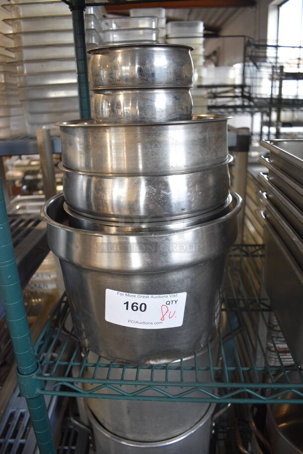 8 Various Stainless Steel Cylindrical Drop In Bins. Includes 5.5x5.5x8. 8 Times Your Bid!