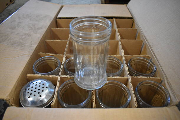 9 BRAND NEW IN BOX! Glass Sugar Pourers w/ 1 Lid. 3x3x5.5. 9 Times Your Bid!