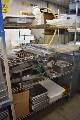 ALL ONE MONEY! Lot of 4 Tiers Worth of Various Items Including Poly Drop In Bins, Metal Chafing Dish Frame and Stainless Steel Drop In Bins. Does NOT Include Shelving Unit