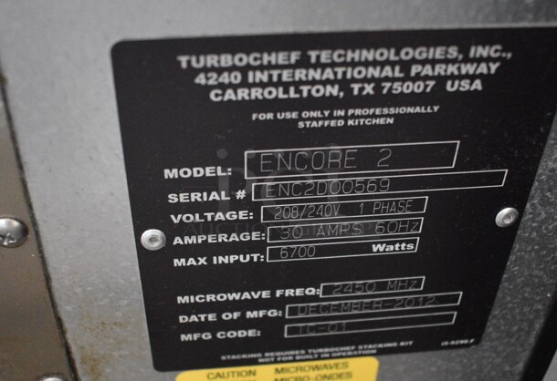 2012 Turbochef Model Encore 2 Metal Commercial Countertop Electric Powered Rapid Cook Oven. 208/240 Volts, 1 Phase. 21x30x23 - Image 6 of 6