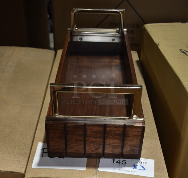 3 BRAND NEW! Cal-Mil 3724-46 Mid-Century Wood & Brass Reversible Riser. 3 Times Your Bid!