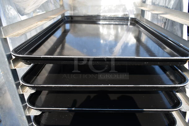 Metal Commercial Pan Transport Rack on Commercial Casters w/ Black Pans and Clear Cover.  - Image 5 of 6