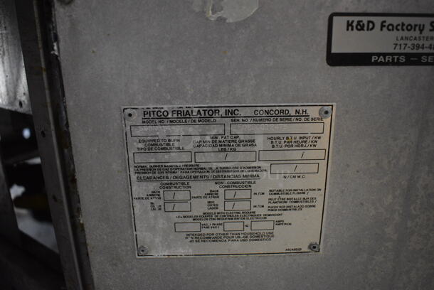 Pitco Frialator Stainless Steel Commercial Natural Gas Powered 2 Bay Deep Fat Fryer w/ Left Side Dumping Station and 4 Metal Fry Baskets on Commercial Casters. 110,000 BTU. 47x34.5x50 - Image 7 of 11