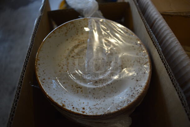 36 BRAND NEW IN BOX! White Ceramic Saucers w/ Brown Specks. 5.75x5.75x1. 36 Times Your Bid! - Image 3 of 5