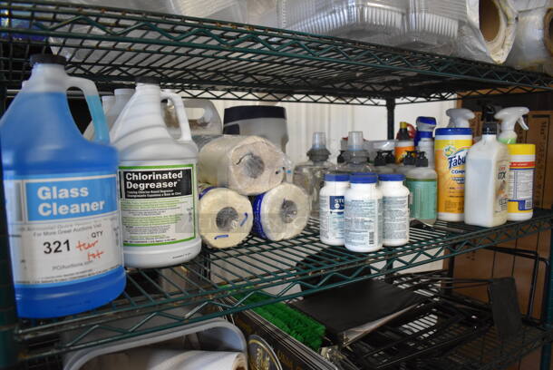 ALL ONE MONEY! Tier Lot of Various Paper Products Including Glass Cleaner and Sterilizer Tabs