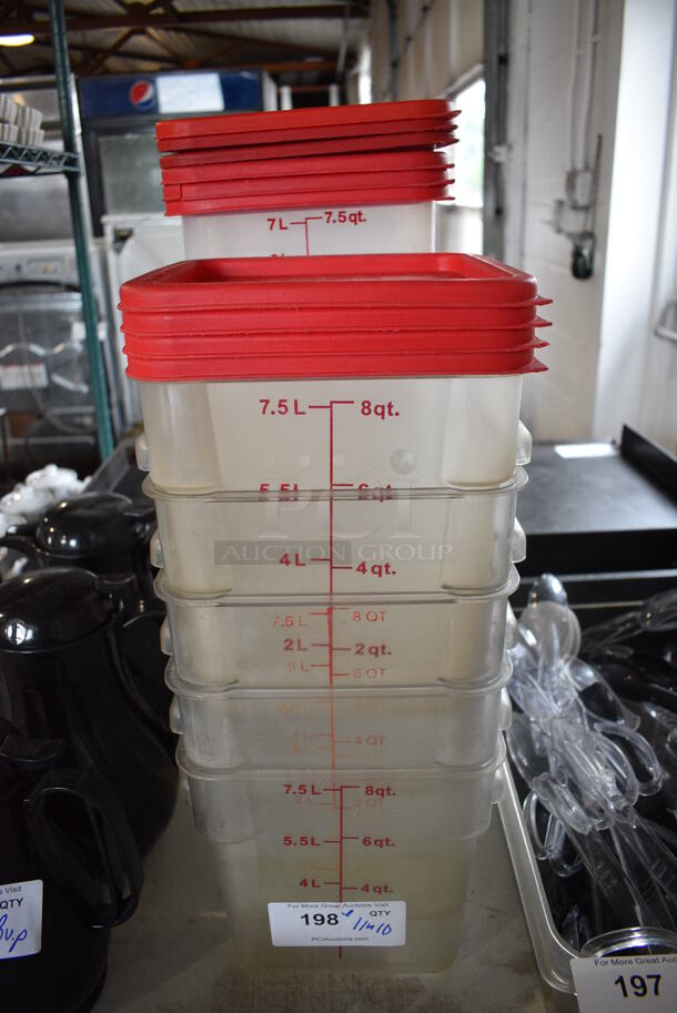 ALL ONE MONEY! Lot of 11 Clear Poly 8 Quart Containers w/ 10 Red Lids. 9x9x9