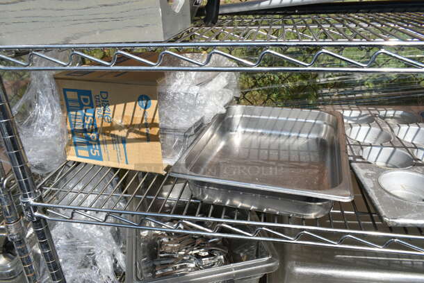 Chrome Finish 5 Tier Wire Shelving Unit w/ Contents Including Muffin Baking Pans, Poly Bins. BUYER MUST DISMANTLE. PCI CANNOT DISMANTLE FOR SHIPPING. PLEASE CONSIDER FREIGHT CHARGES.   - Image 11 of 12